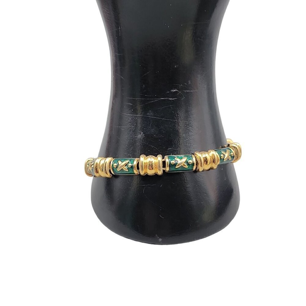 Joan Rivers Green Enamel Gold Plated Tennis Bracelet Size 7.5 1990s Ladies